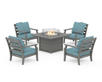 Draper James™ by  POLYWOOD® Savannah 5-Piece Deep Seating Set with Fire Pit Table in Slate Grey / Lattice Sky Blue