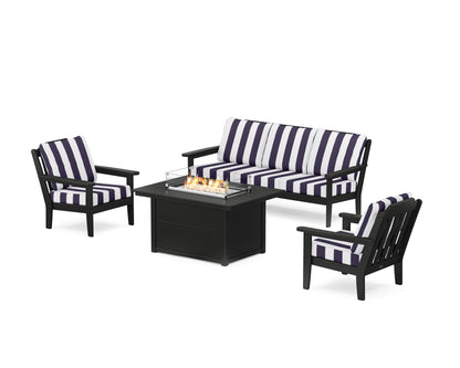 Country Living Cottage Deep Seating Fire Pit Table Set in Black / Cabana Stripe Navy