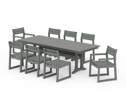 POLYWOOD® EDGE Sling 9-Piece Farmhouse Trestle Dining Set in Slate Grey / Dupioni Sea Mist Sling