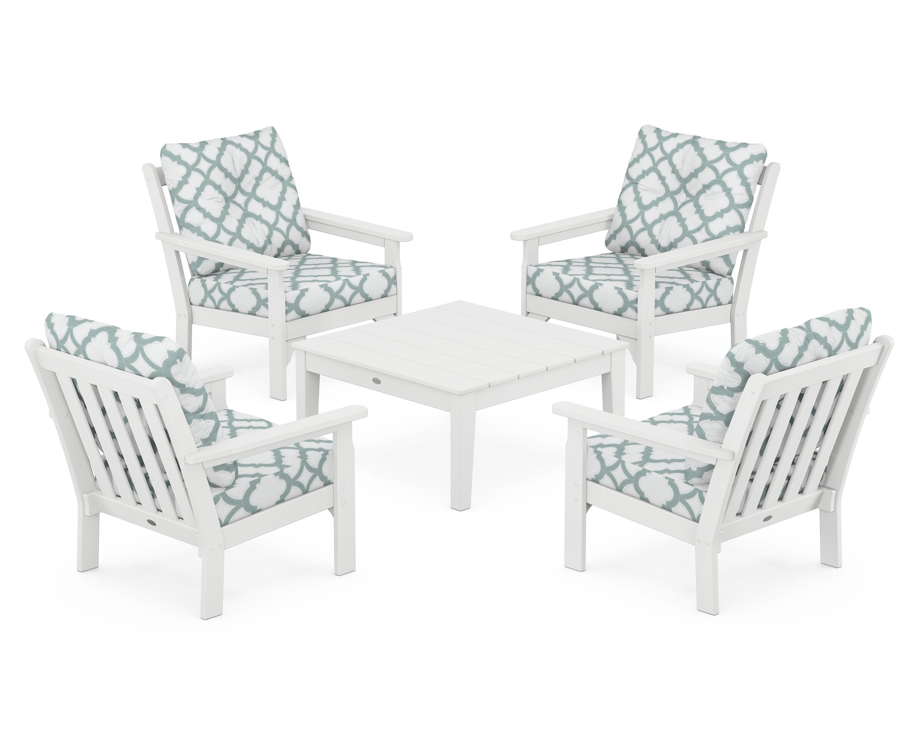 POLYWOOD® Vineyard 5-Piece Deep Seating Conversation Set in White / Trellis Glacier Spa