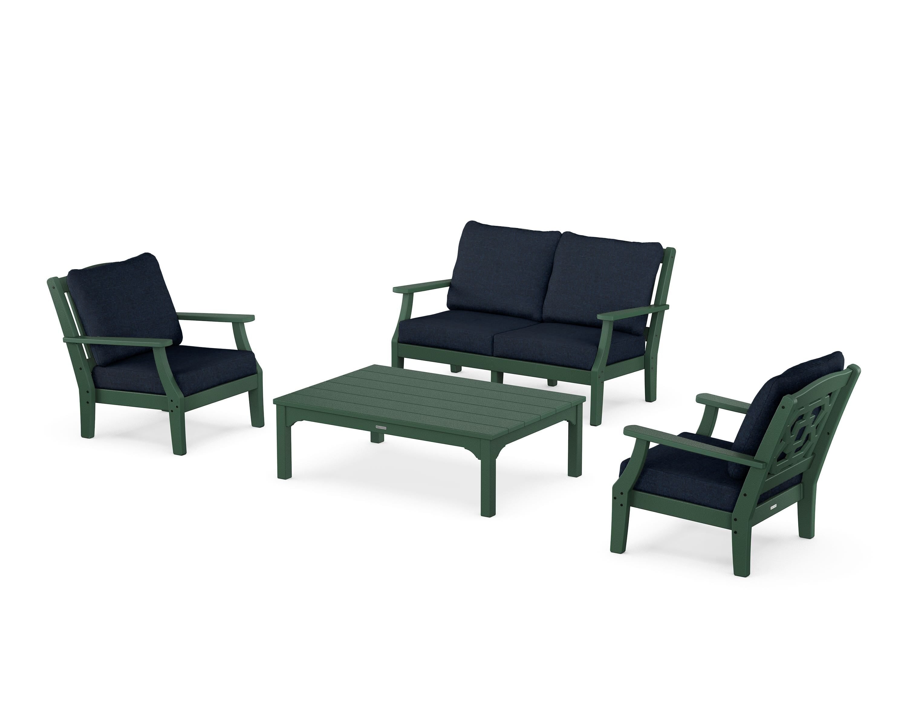 Martha Stewart by POLYWOOD® Chinoiserie 4-Piece Deep Seating Set with Loveseat in Green / Marine Indigo