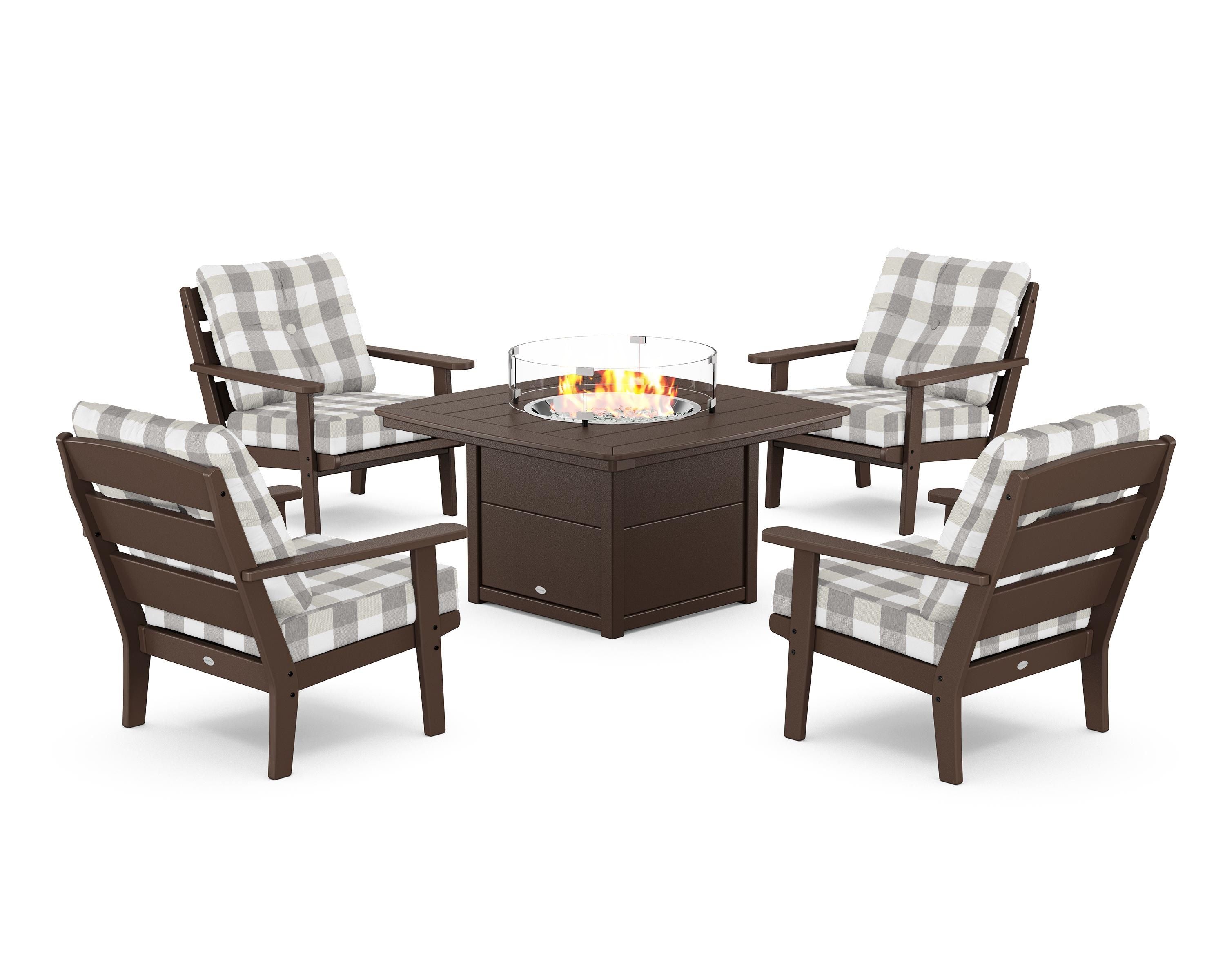 POLYWOOD® Lakeside 5-Piece Deep Seating Set with Nautical Fire Pit Table in Mahogany / Buffalo Plaid Grey Mist