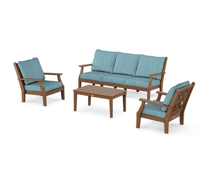 Country Living Wovendale 4-Piece Deep Seating Set with Sofa in Teak / Lattice Sky Blue