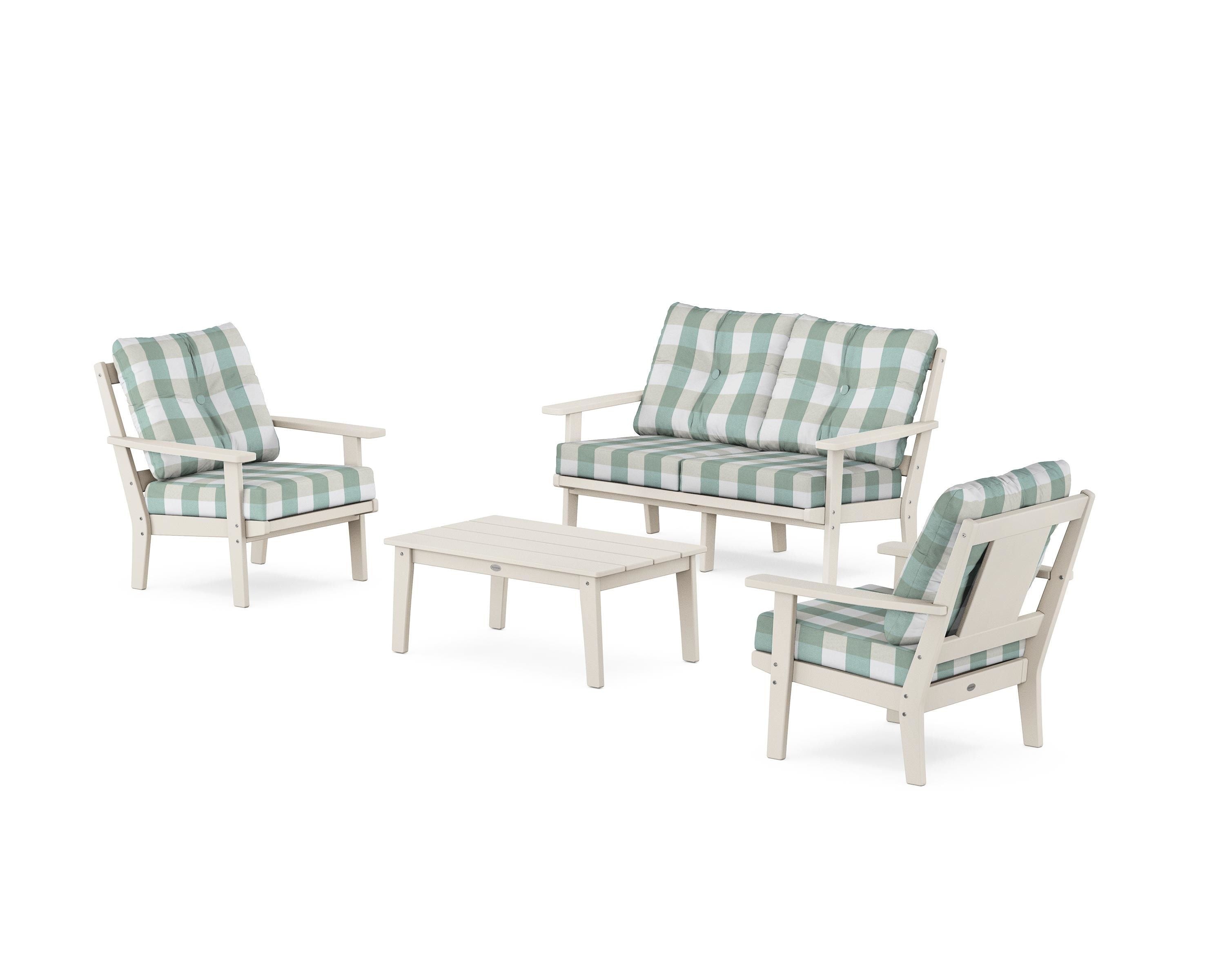 POLYWOOD® Prairie 4-Piece Deep Seating Set with Loveseat in Sand / Buffalo Plaid Glacier Spa