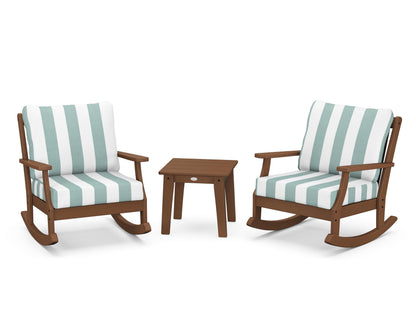 POLYWOOD® Braxton 3-Piece Deep Seating Rocker Set in Teak / Cabana Stripe Glacier Spa