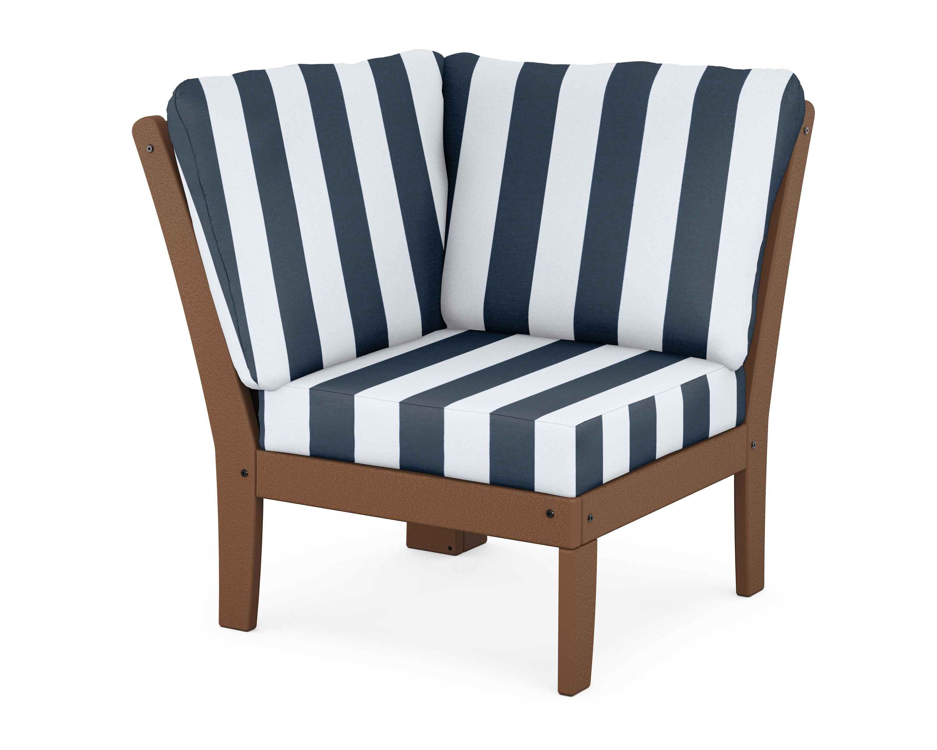 POLYWOOD® Braxton Modular Corner Chair in Teak / Cabana Stripe Marine Indigo