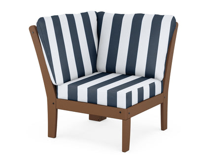 POLYWOOD® Braxton Modular Corner Chair in Teak / Cabana Stripe Marine Indigo
