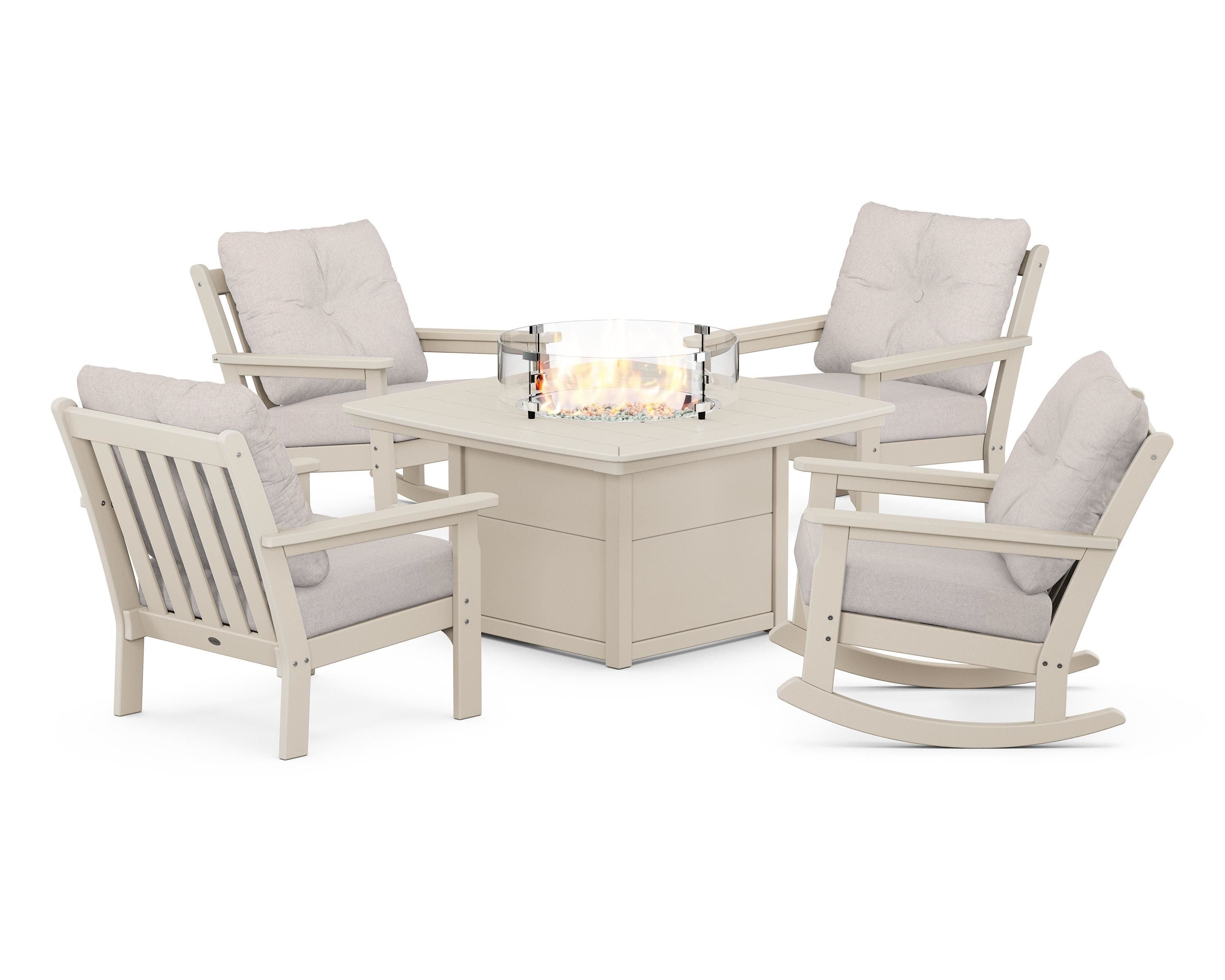POLYWOOD® Vineyard 5-Piece Deep Seating Rocking Chair Conversation Set with Fire Pit Table in Sand / Dune Burlap
