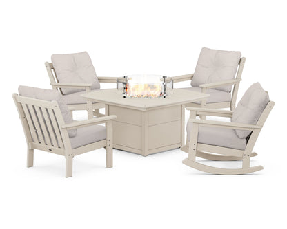 POLYWOOD® Vineyard 5-Piece Deep Seating Rocking Chair Conversation Set with Fire Pit Table in Sand / Dune Burlap
