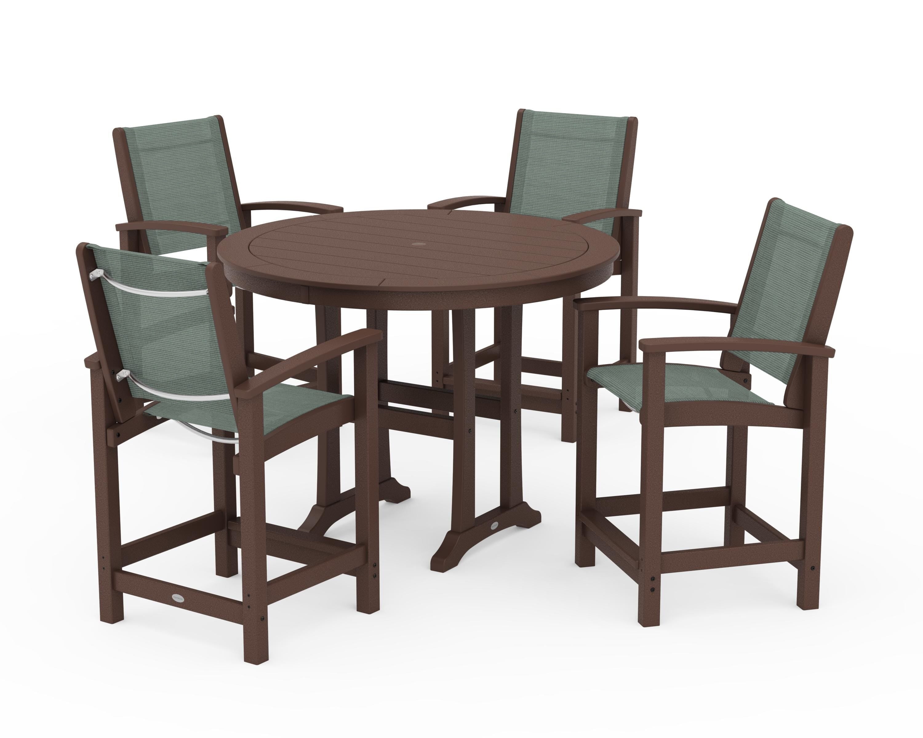 POLYWOOD® Coastal 5-Piece Counter Set in Mahogany / Dupioni Sea Mist Sling