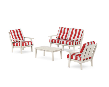 POLYWOOD® Mission 4-Piece Deep Seating Set with Loveseat in Sand / Cabana Stripe Crimson
