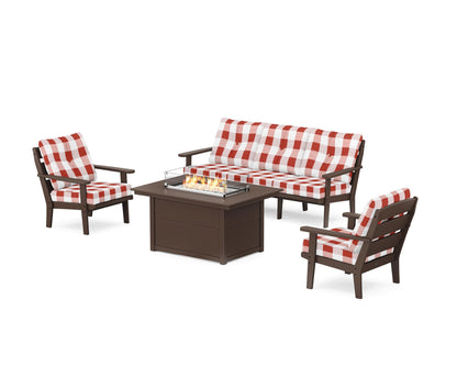 POLYWOOD® Lakeside Deep Seating Fire Pit Table Set in Mahogany / Buffalo Plaid Crimson