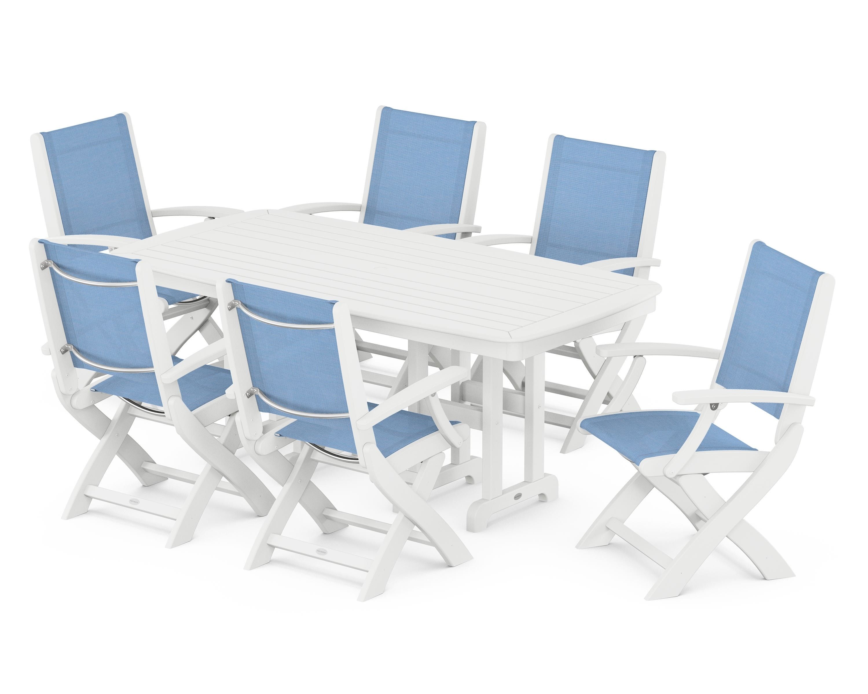 POLYWOOD® Coastal Folding Arm Chair 7-Piece Dining Set in White / Poolside Sling