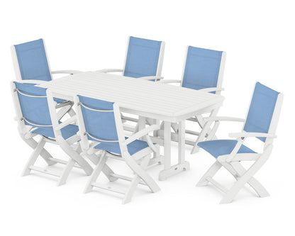 POLYWOOD® Coastal Folding Arm Chair 7-Piece Dining Set in White / Poolside Sling