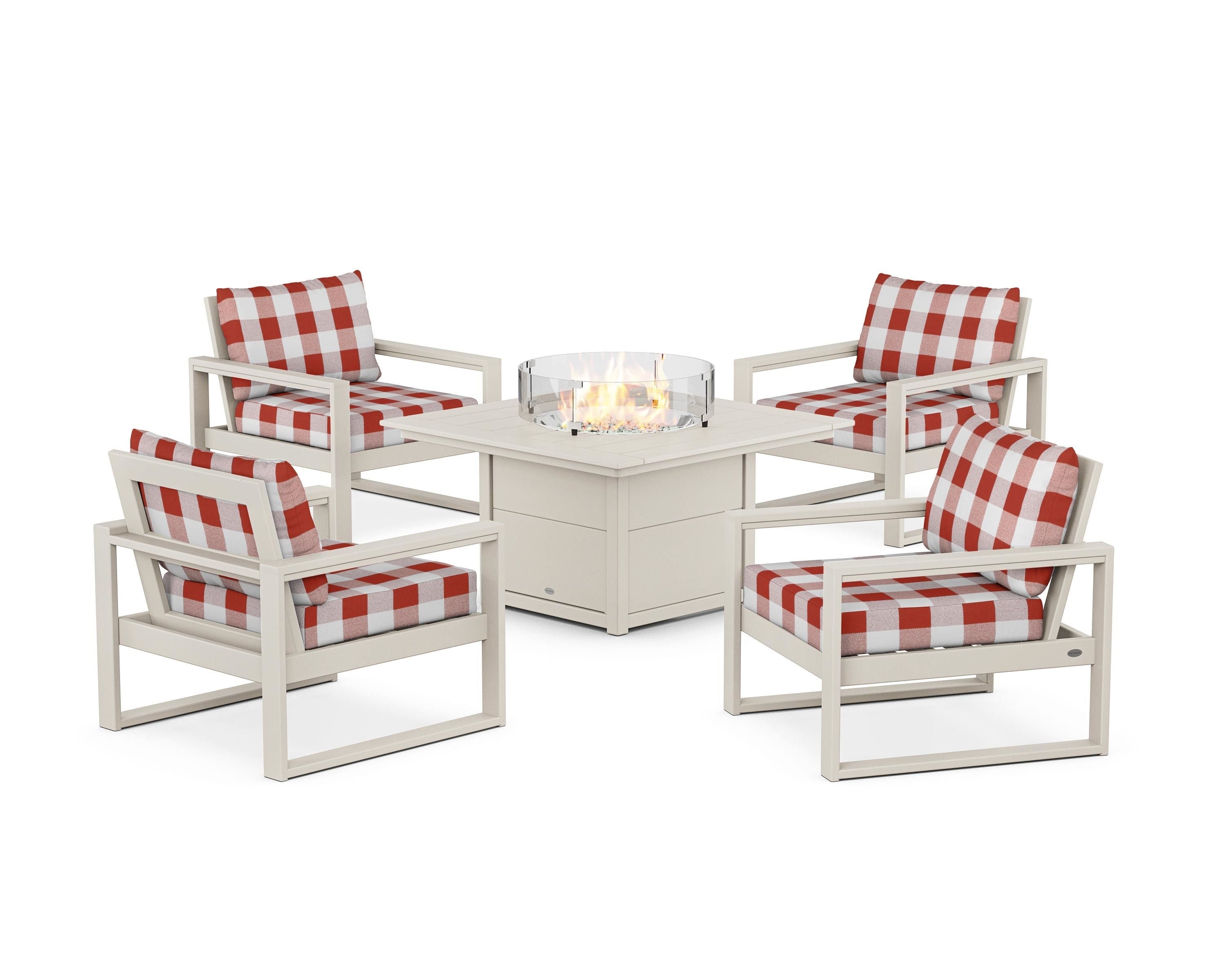 POLYWOOD® EDGE Sectional 5-Piece Deep Seating Set with Fire Pit Table in Sand / Buffalo Plaid Crimson