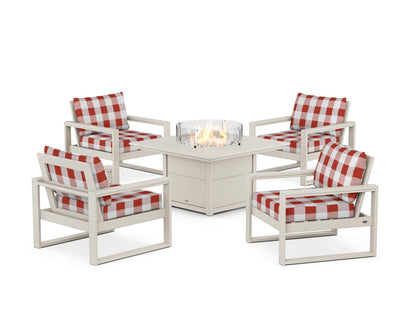 POLYWOOD® EDGE Sectional 5-Piece Deep Seating Set with Fire Pit Table in Sand / Buffalo Plaid Crimson