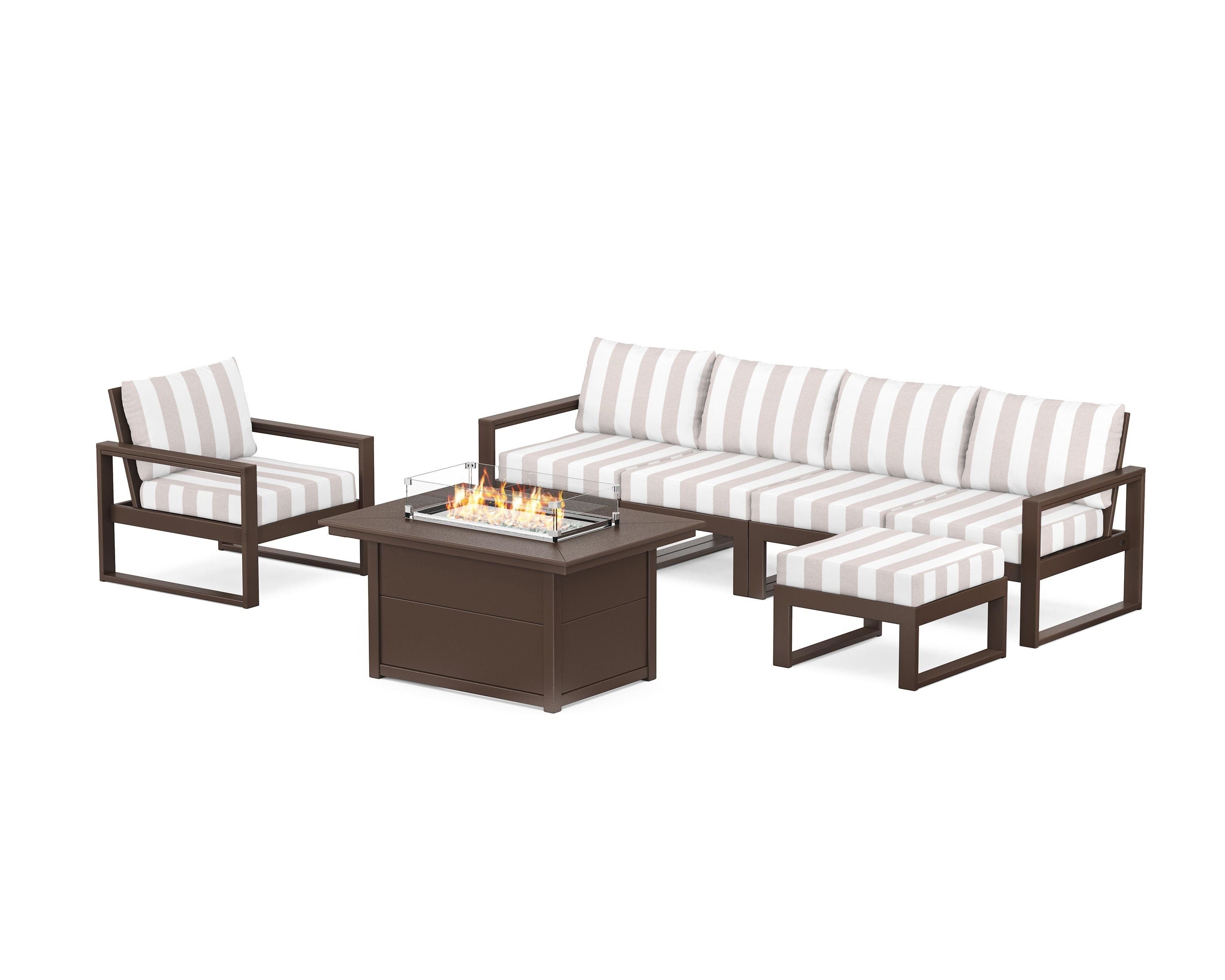 POLYWOOD® EDGE Sectional Lounge and Fire Pit Set in Mahogany / Cabana Stripe Dune Burlap