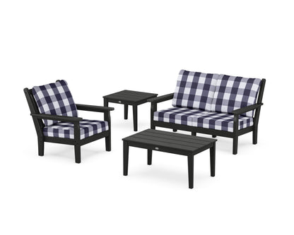 POLYWOOD® Chippendale 4-Piece Deep Seating Set in Black / Buffalo Plaid Navy
