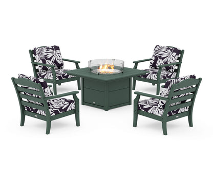 Draper James™ by  POLYWOOD® Savannah 5-Piece Deep Seating Set with Fire Pit Table in Green / Leaf Navy