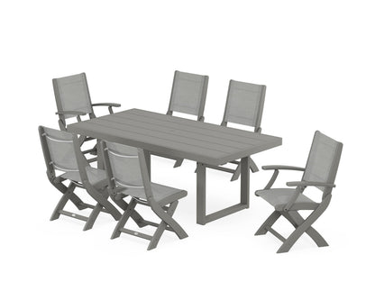 POLYWOOD® Coastal Folding Chair 7-Piece Dining Set with Trestle Legs in Slate Grey / Metallic Sling