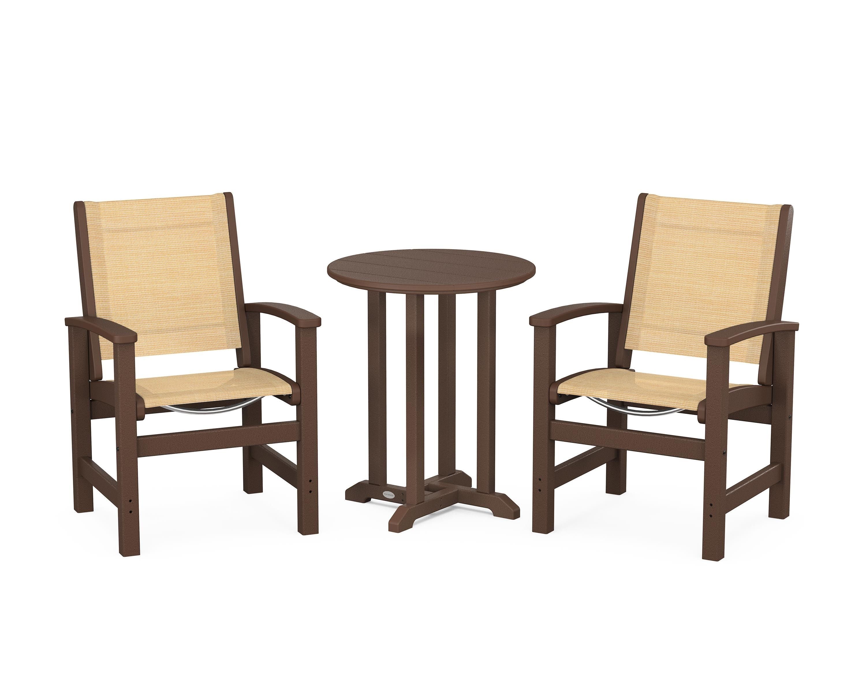 POLYWOOD® Coastal 3-Piece Round Bistro Dining Set in Mahogany / Dupioni Apricot Sling