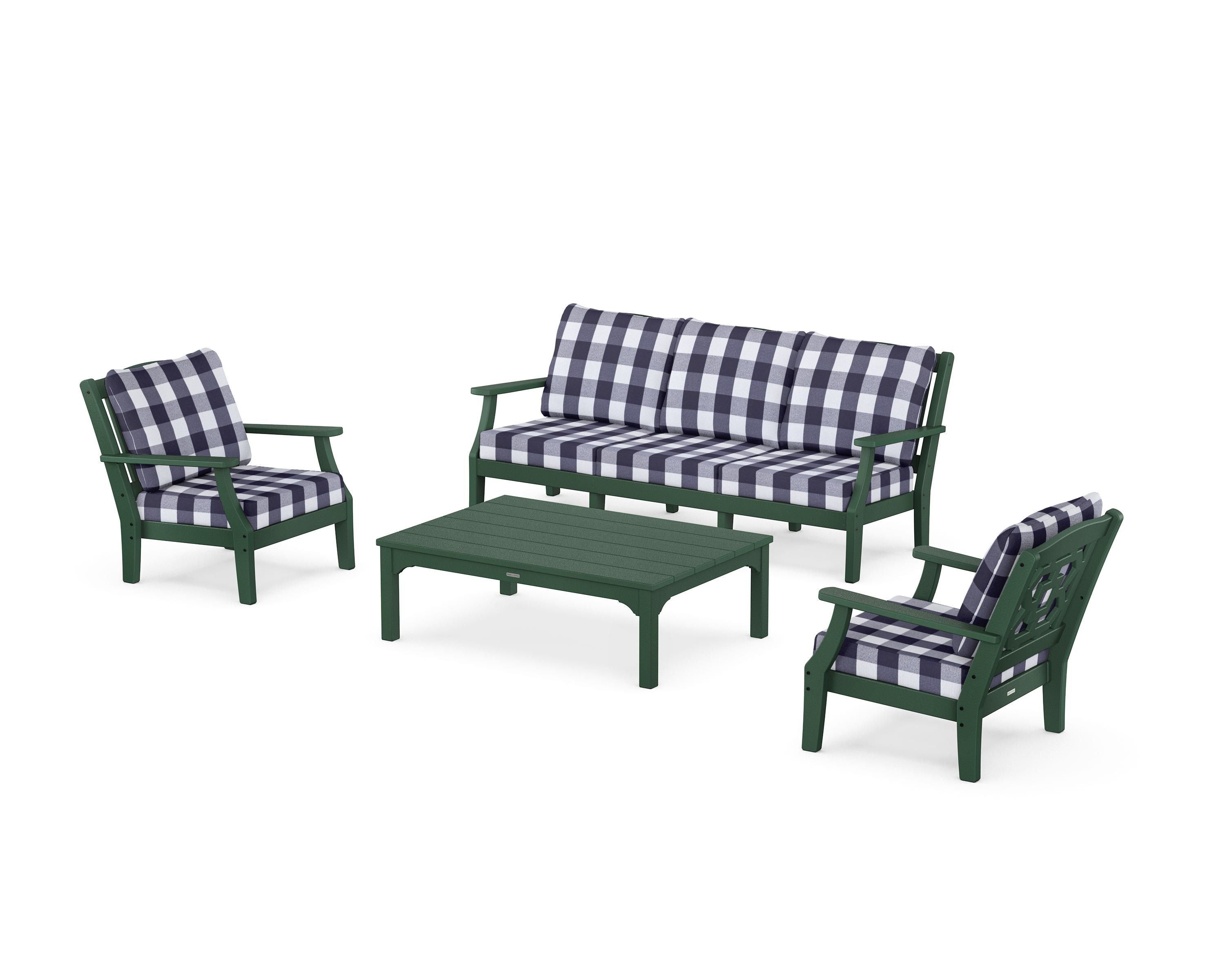 Martha Stewart by POLYWOOD® Chinoiserie 4-Piece Deep Seating Set with Sofa in Green / Buffalo Plaid Navy
