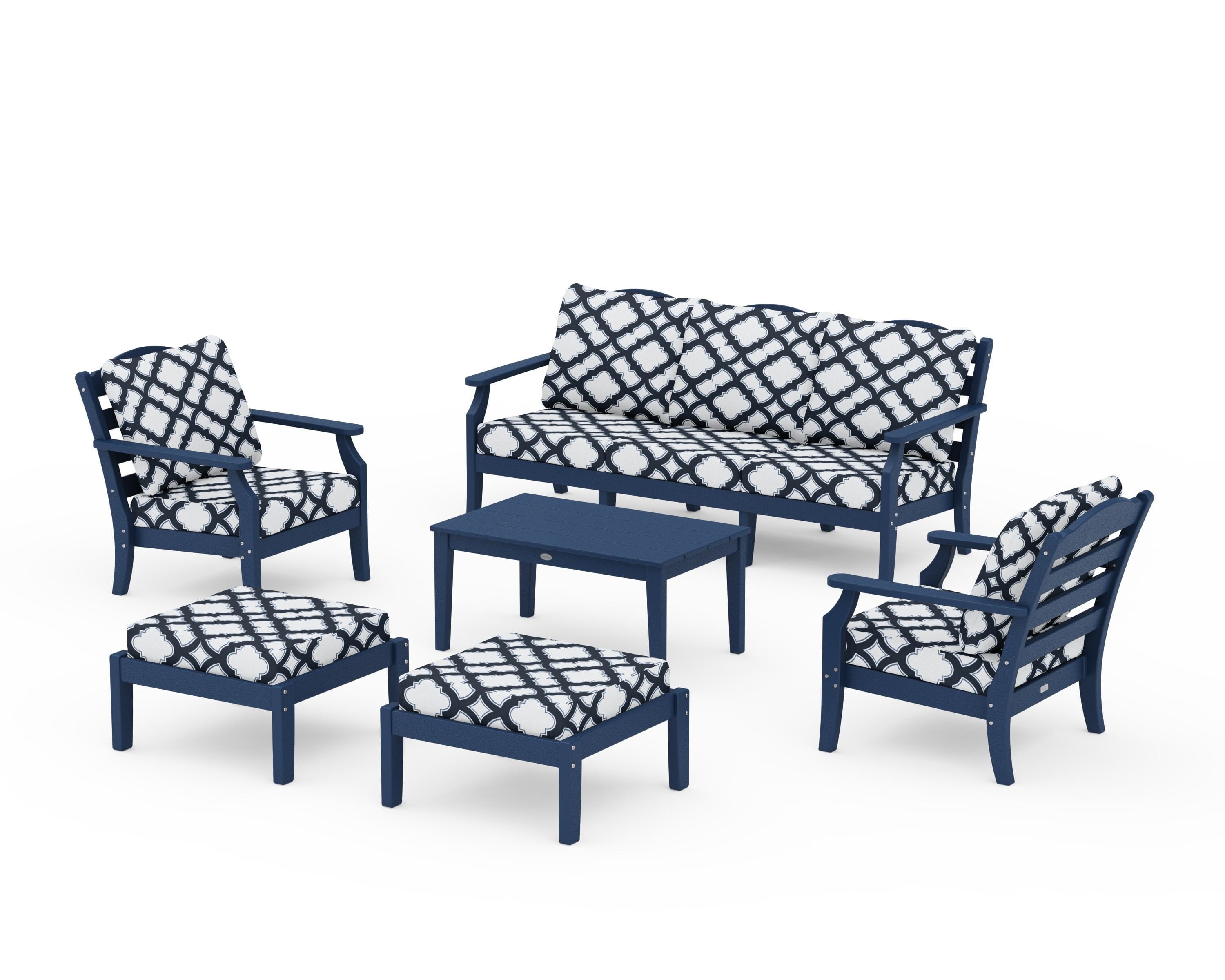 Draper James™ by  POLYWOOD® Savannah 6-Piece Lounge Sofa Set in Navy / Trellis Marine Indigo