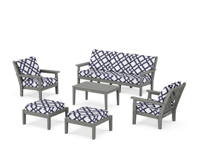 POLYWOOD® Chippendale 6-Piece Lounge Sofa Set in Slate Grey / Trellis Navy