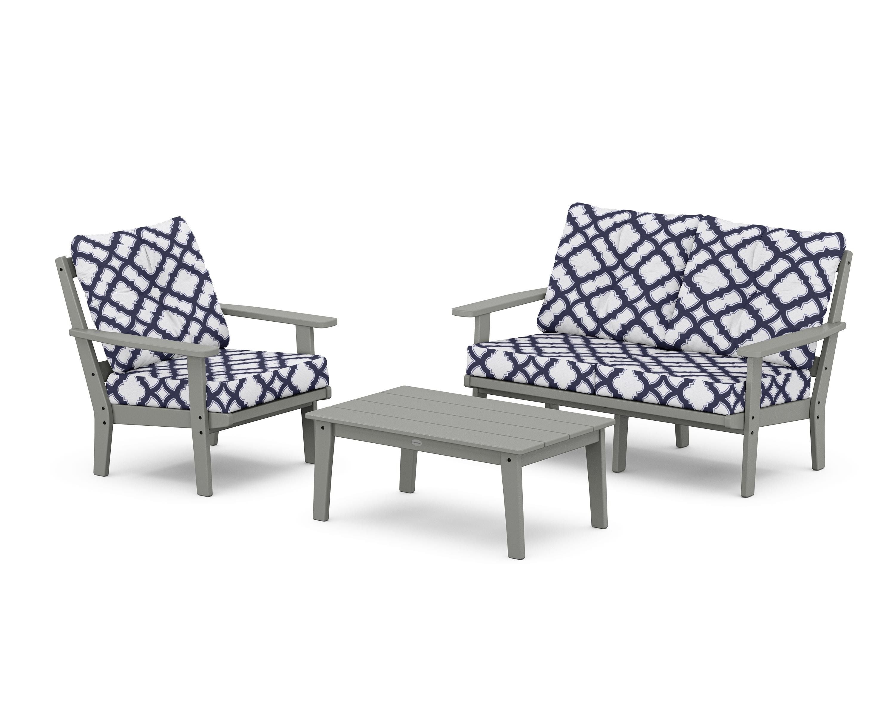 POLYWOOD® Prairie 3-Piece Deep Seating Set with Loveseat in Slate Grey / Trellis Navy
