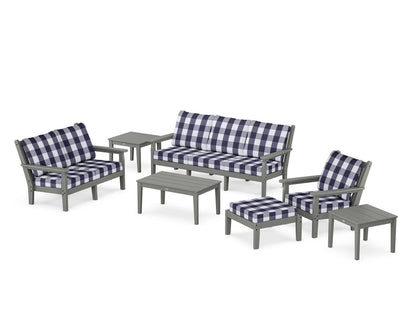 POLYWOOD® Chippendale 7-Piece Deep Seating Set in Slate Grey / Buffalo Plaid Navy