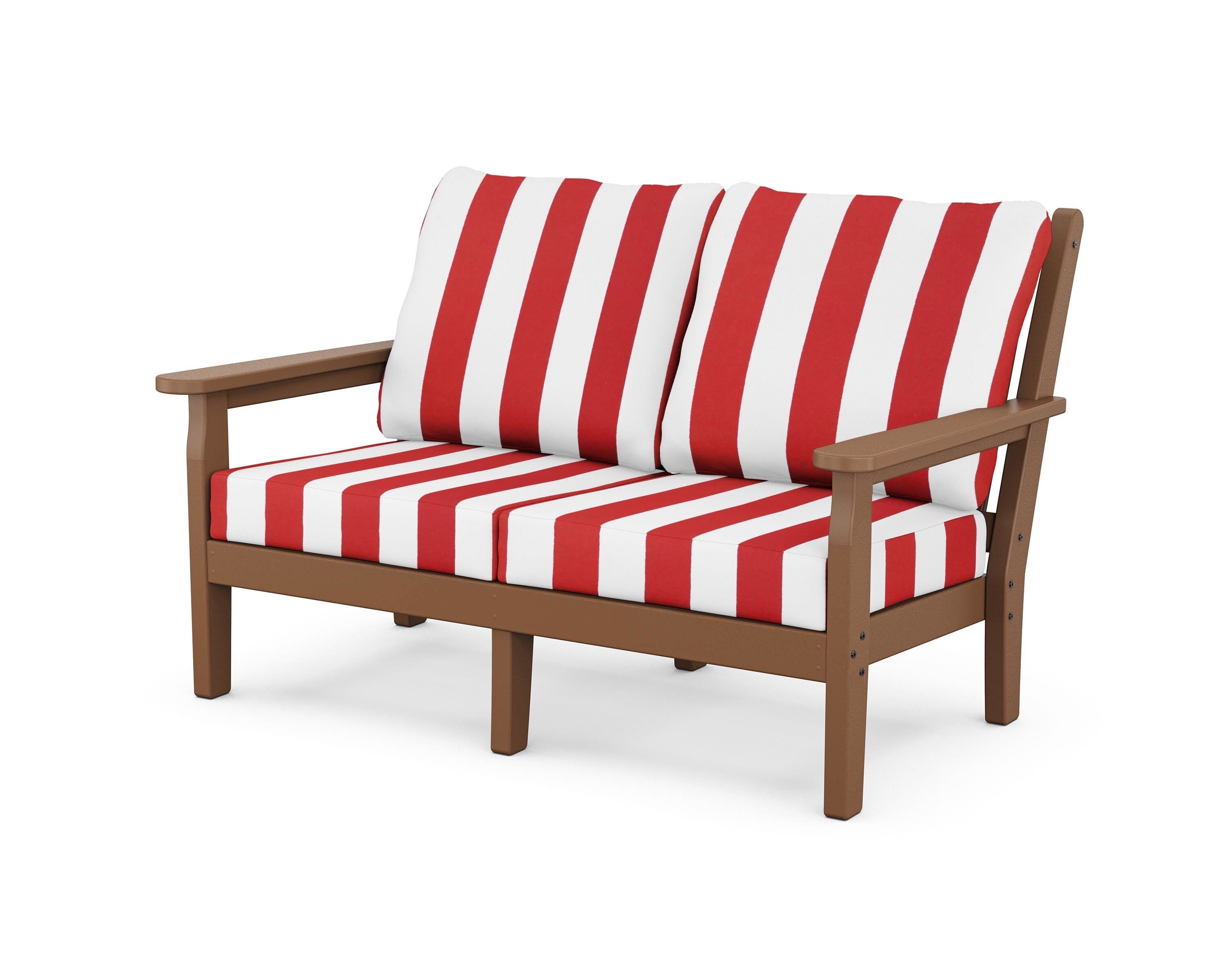 POLYWOOD® Chippendale Deep Seating Loveseat in Teak / Cabana Stripe Crimson