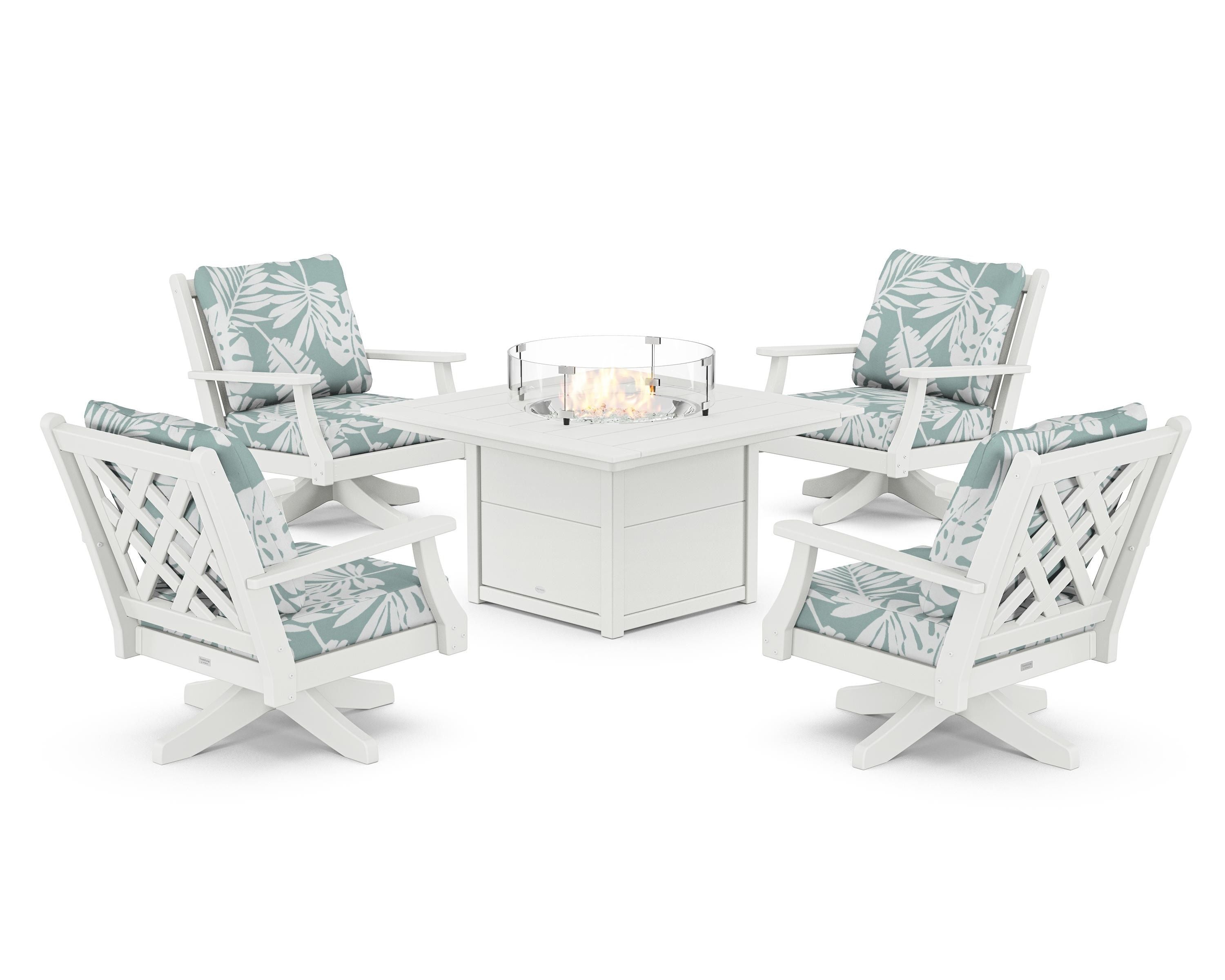Country Living Wovendale 5-Piece Deep Seating Swivel Conversation Set with Fire Pit Table in White / Leaf Glacier Spa