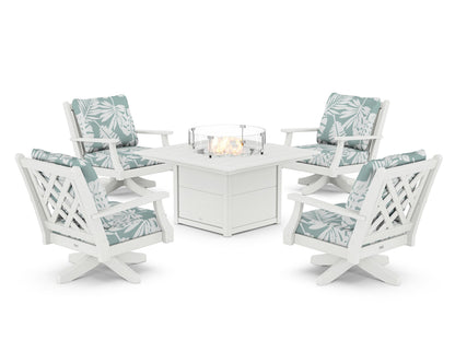 Country Living Wovendale 5-Piece Deep Seating Swivel Conversation Set with Fire Pit Table in White / Leaf Glacier Spa