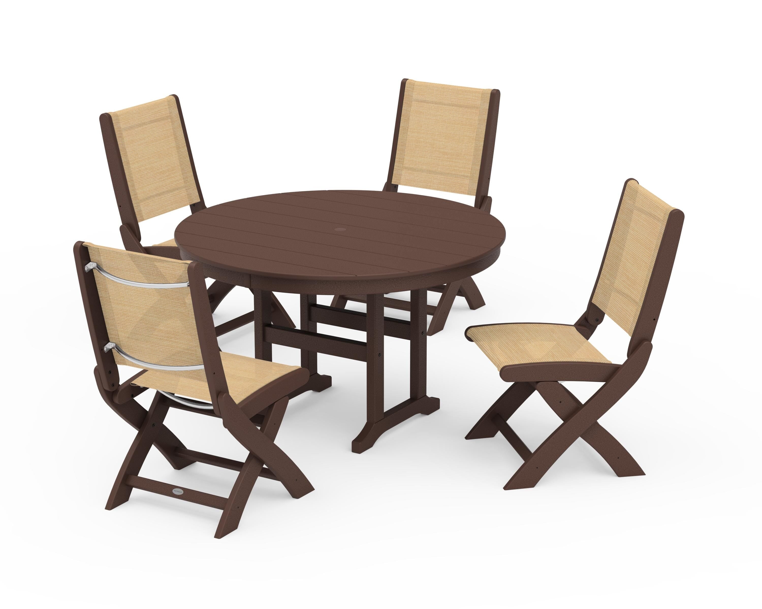 POLYWOOD® Coastal Folding Side Chair 5-Piece Round Dining Set in Mahogany / Dupioni Apricot Sling