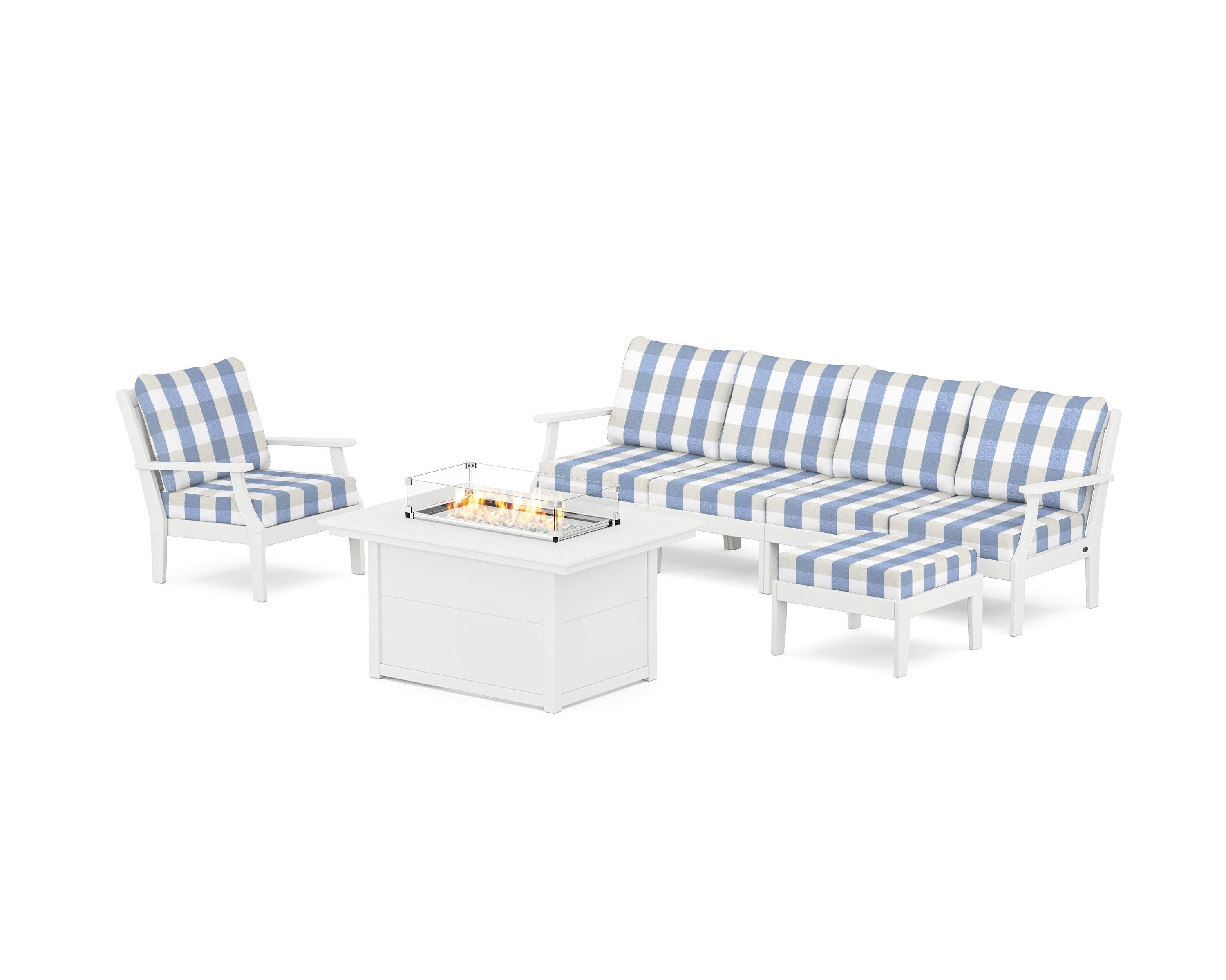 POLYWOOD® Braxton Sectional Lounge and Fire Pit Set in White / Buffalo Plaid Sky Blue
