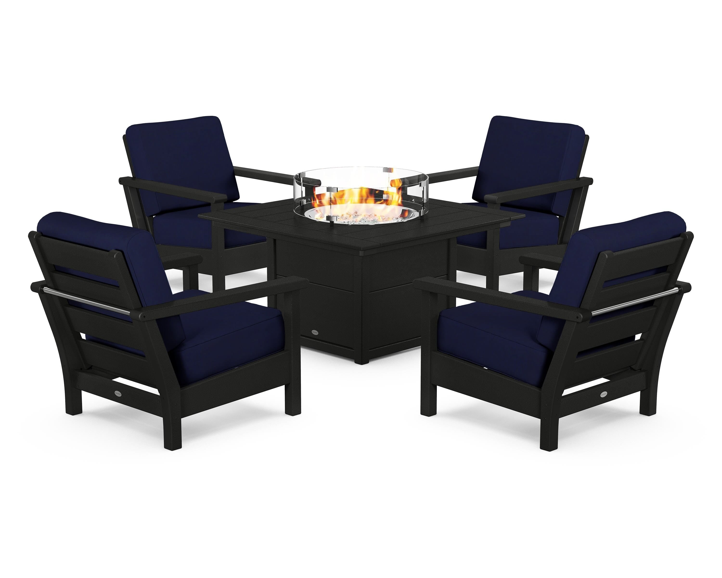 POLYWOOD® Harbour 5-Piece Conversation Set with Fire Pit Table in Black / Navy