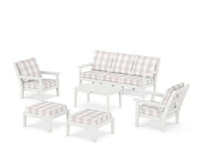 POLYWOOD® Chippendale 6-Piece Lounge Sofa Set in White / Buffalo Plaid Dune Burlap