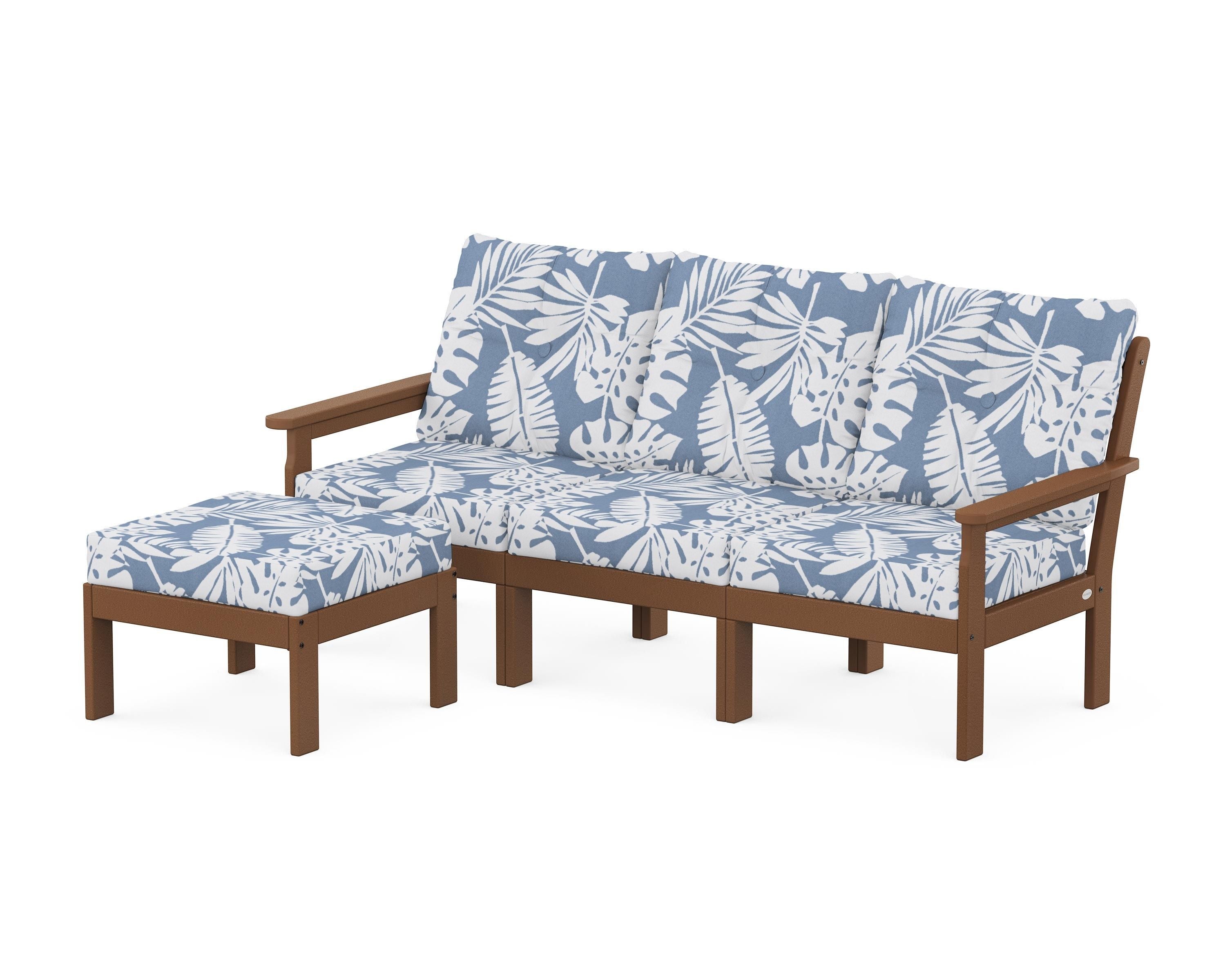 POLYWOOD® Vineyard 4-Piece Sectional with Ottoman in Teak / Leaf Sky Blue