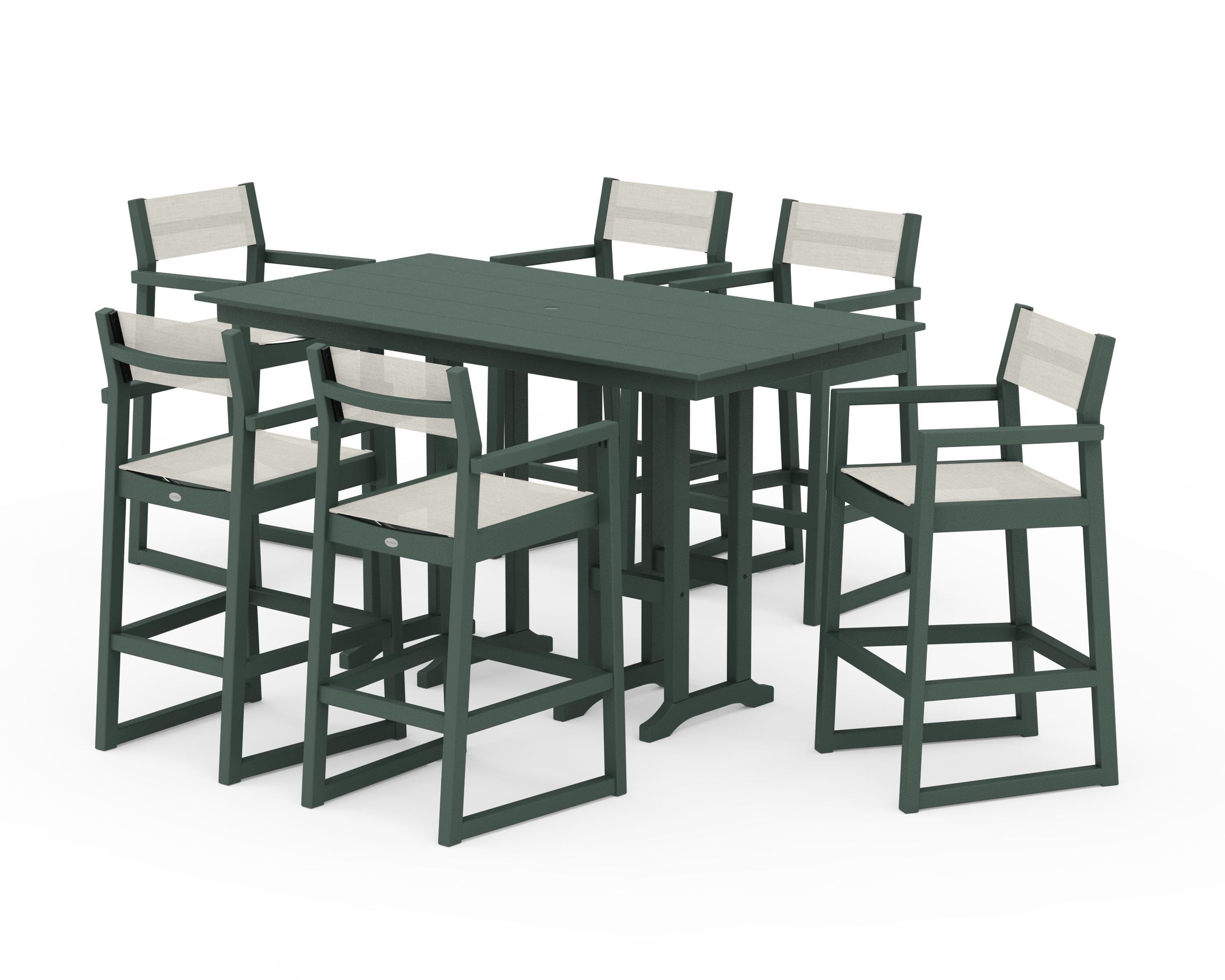 POLYWOOD® EDGE Sling Arm Chair 7-Piece Farmhouse Bar Set in Green / Parchment Sling