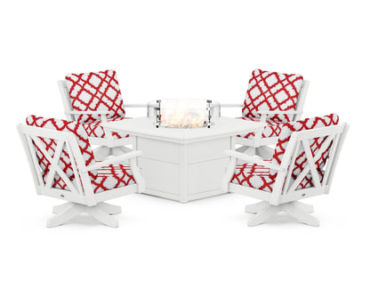 POLYWOOD® Braxton 5-Piece Deep Seating Swivel Conversation Set with Fire Pit Table in White / Trellis Crimson