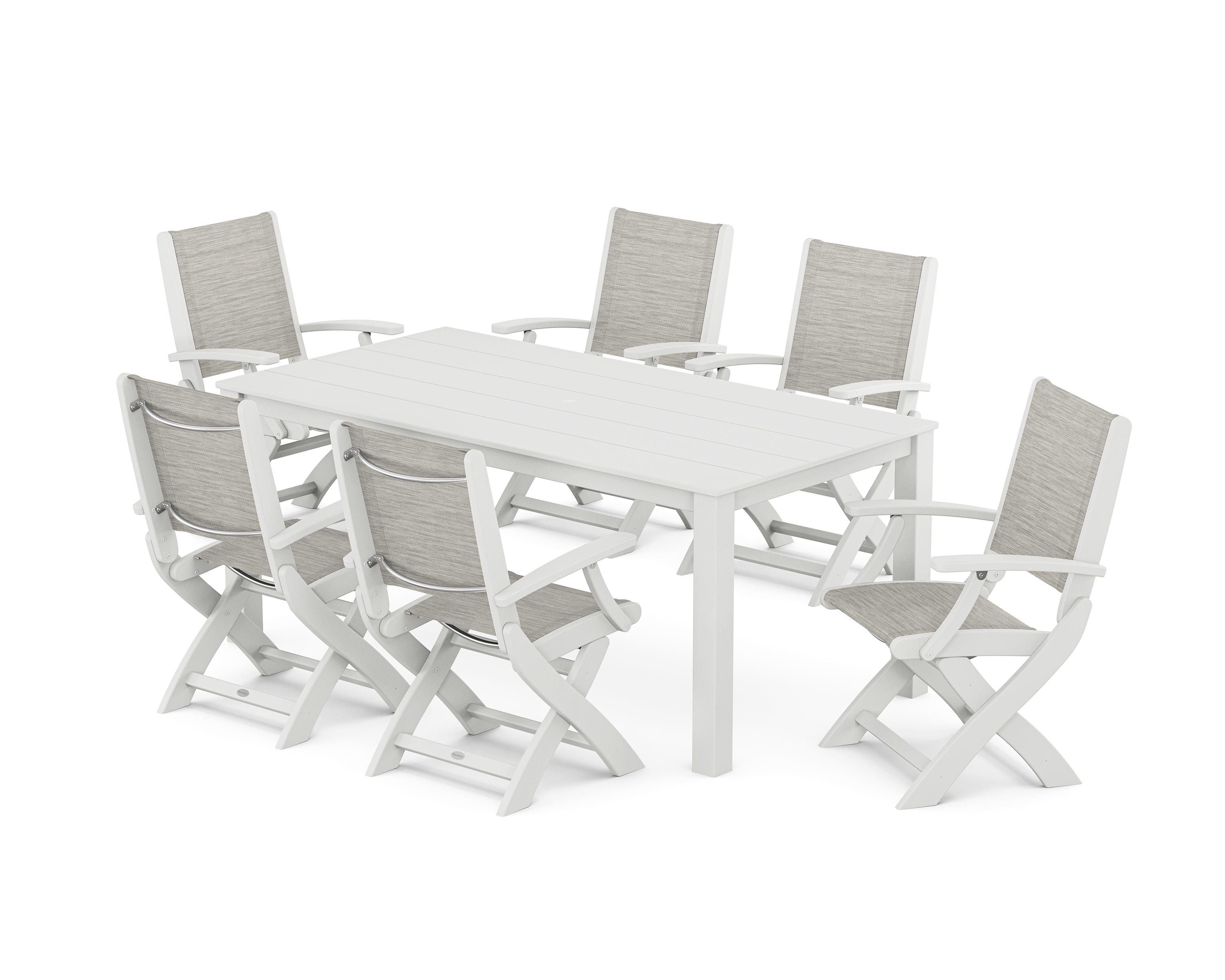 POLYWOOD® Coastal Folding Chair 7-Piece Parsons Dining Set in White / Birch Sling