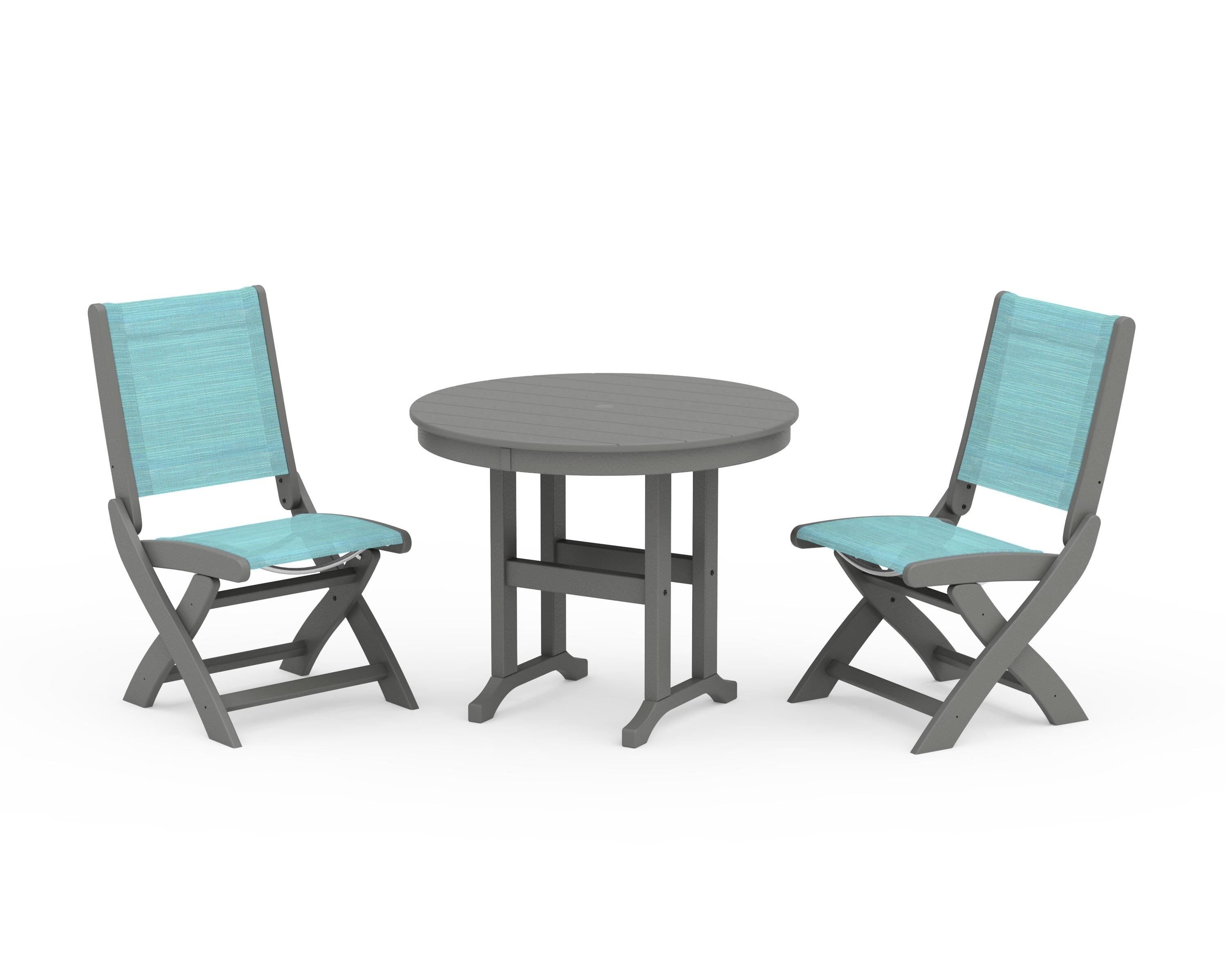 POLYWOOD® Coastal Folding Side Chair 3-Piece Round Dining Set in Slate Grey / Dupioni Aquamarine Sling