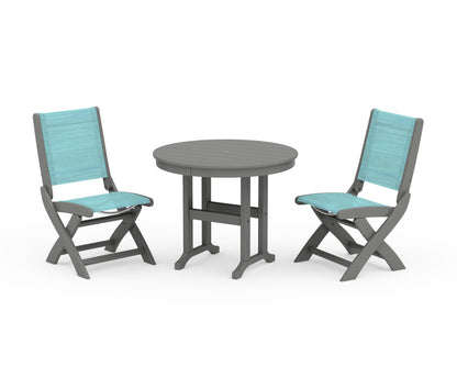 POLYWOOD® Coastal Folding Side Chair 3-Piece Round Dining Set in Slate Grey / Dupioni Aquamarine Sling