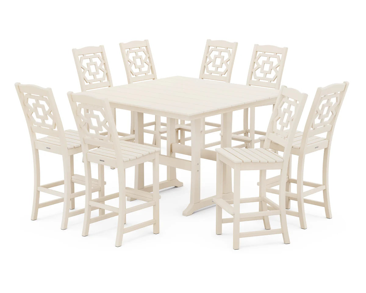 Chinoiserie 9-Piece Square Farmhouse Side Chair Bar Set with Trestle Legs