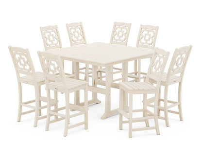 Chinoiserie 9-Piece Square Farmhouse Side Chair Bar Set with Trestle Legs