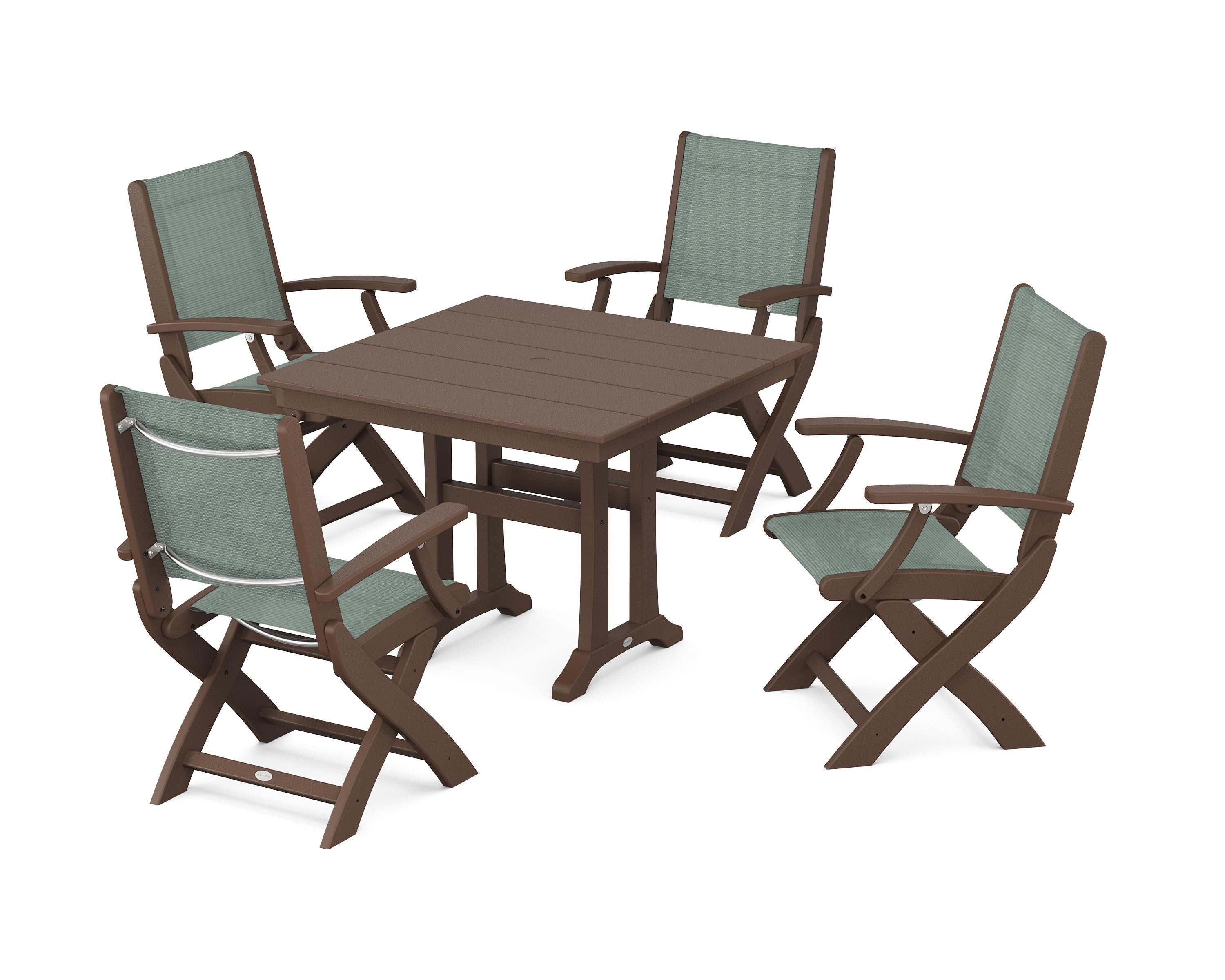 POLYWOOD® Coastal Folding Chair 5-Piece Farmhouse Dining Set With Trestle Legs in Mahogany / Dupioni Sea Mist Sling