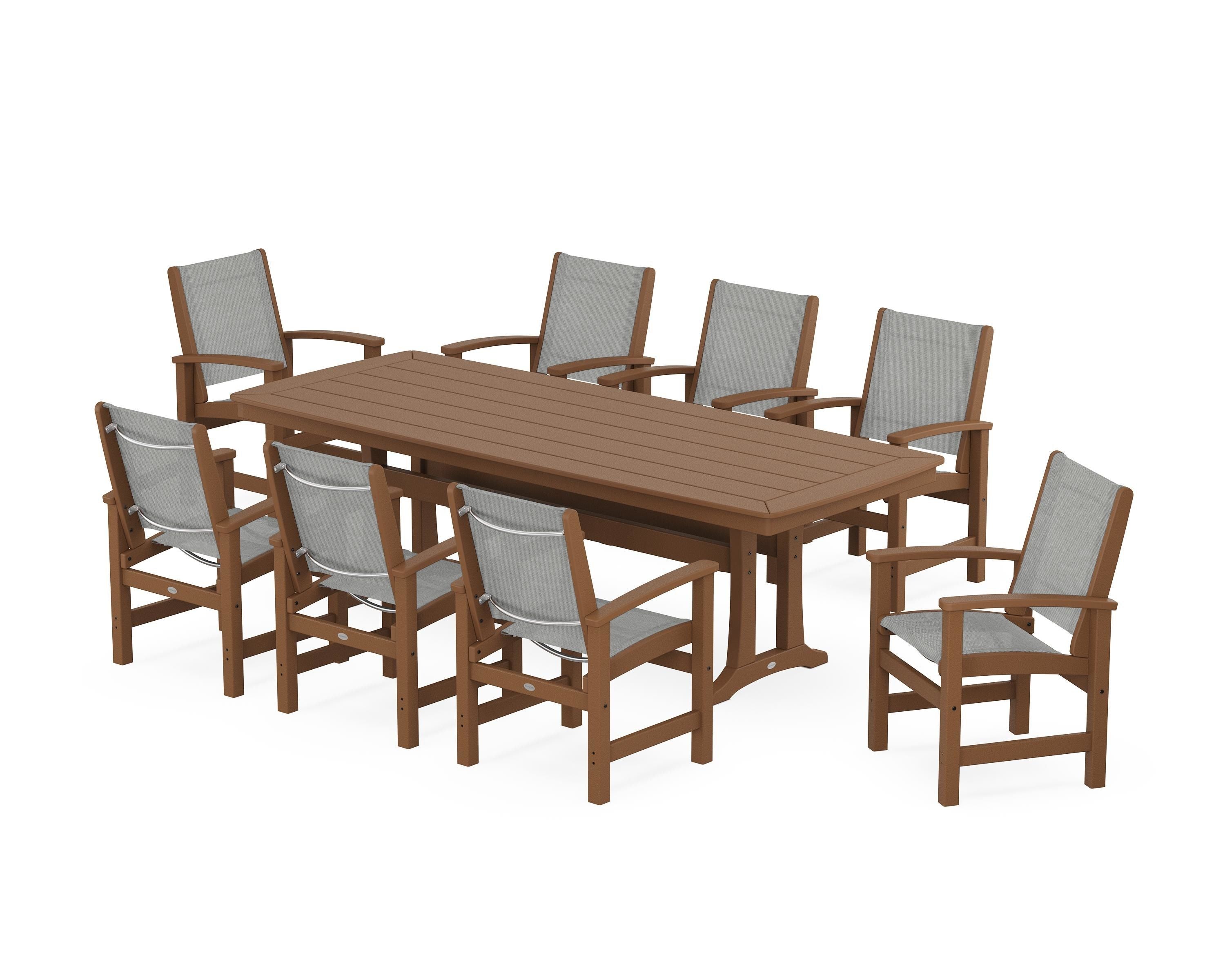 POLYWOOD® Coastal 9-Piece Dining Set with Trestle Legs in Teak / Metallic Sling