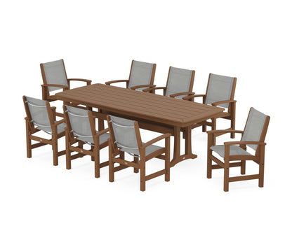 POLYWOOD® Coastal 9-Piece Dining Set with Trestle Legs in Teak / Metallic Sling