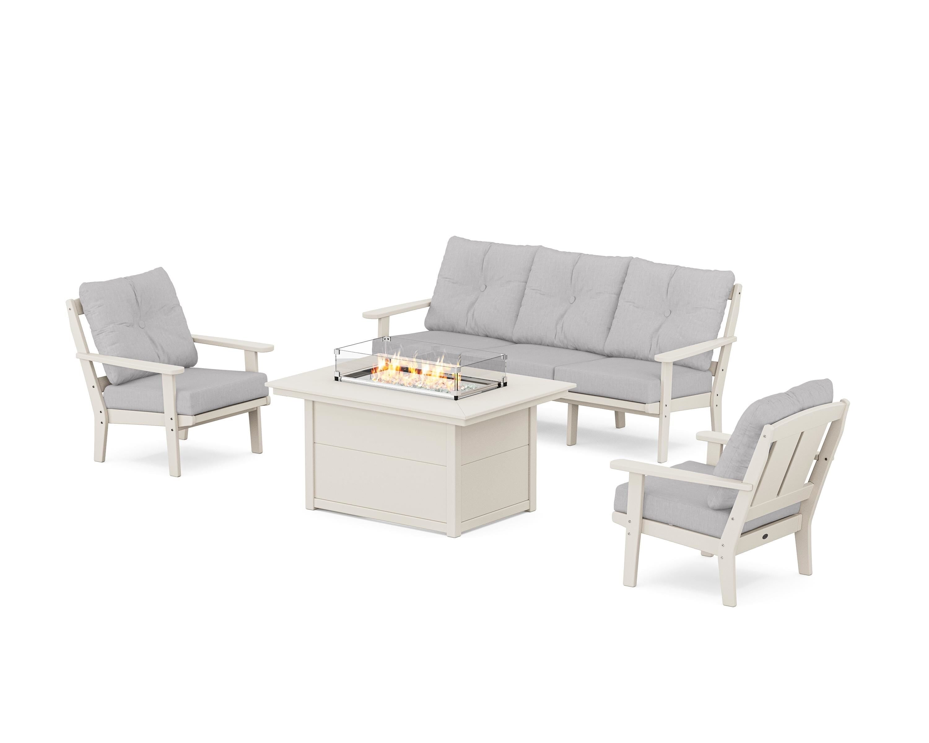 POLYWOOD® Mission Deep Seating Fire Pit Table Set in Sand / Granite