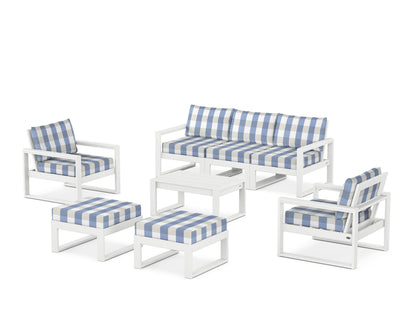 POLYWOOD® EDGE Sectional 8-Piece Lounge Sofa Set in White / Buffalo Plaid Sky Blue